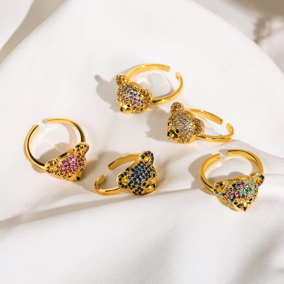 3/$35 Bear Gold Plated Open Ring Purple Crystals Cute Animal Statement Jewelry - Picture 4 of 5